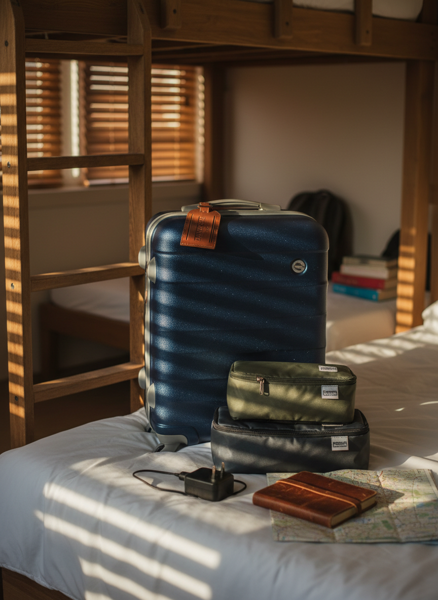 A sleek, hard-shell suitcase in deep midnight blue with subtle metallic flecks, standing upright beside a narrow hostel bunk ladder. Around it, neatly labeled packing cubes, a compact universal adapter, a worn leather travel journal, and a folded city map are arranged on a softly rumpled white duvet. Late afternoon light filters through slatted blinds, casting cinematic stripes of light and shadow across the scene. Shot at eye level with a shallow depth of field, the suitcase handle and luggage tag are in crisp focus while the background blurs into warm, anonymous dorm details. The mood is sophisticated yet practical, suggesting a seasoned traveler about to set off, rendered in rich, photographic realism with a cinematic, slightly desaturated color palette.