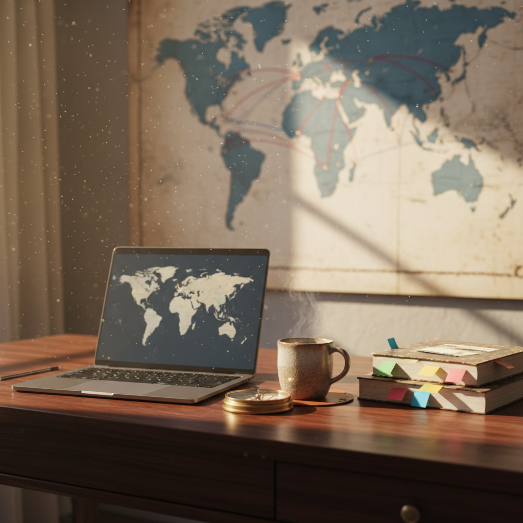 A wide wooden desk made of dark walnut, its surface meticulously arranged with a slim laptop displaying a muted world map, a vintage brass compass, a thick guidebook bristling with color-coded tabs, and a steaming stoneware mug of tea. In the background, a large wall map with fine-lined flight paths is softly illuminated by golden hour light from an unseen window. Delicate dust motes hang in the air, catching the glow. The scene is framed using the rule of thirds from a slightly elevated angle, with a shallow depth of field that blurs the map into abstract shapes. The atmosphere is contemplative and aspirational, evoking careful travel planning and timeless exploration, styled in polished, cinematic realism with refined, neutral tones.