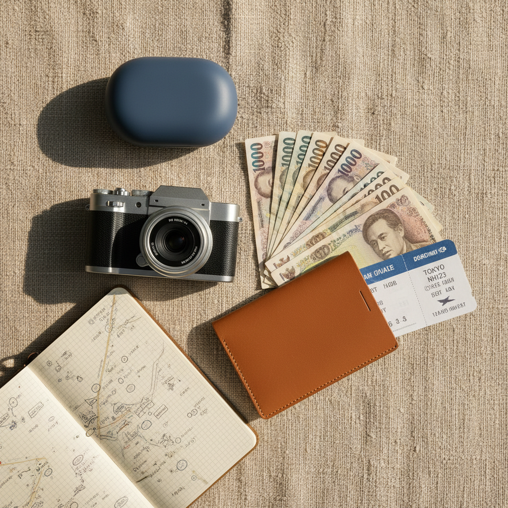 An overhead view of an intricately arranged travel flat lay on a textured linen cloth in warm sand tones. A slim mirrorless camera with a brushed metal body rests beside a spread of foreign banknotes, a minimalist passport cover in soft cognac leather, a boarding pass, and a compact noise-canceling headphone case. In one corner, a small field notebook lies open, filled with dense handwritten routes and circled cities. Soft, diffused morning light from the left gently illuminates the objects, creating subtle shadows that emphasize their textures. The composition is balanced yet asymmetrical, with negative space in one corner for potential text overlay. The mood is organized, sophisticated, and quietly adventurous, with a cinematic, editorial aesthetic and carefully controlled color grading in warm neutrals and muted jewel tones.